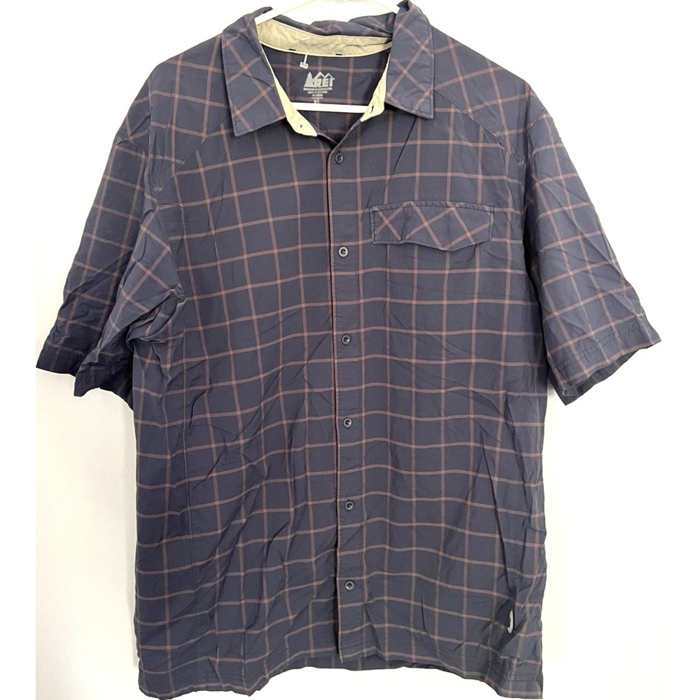 REI Co-op Shirt Mens XL Blue Plaid Short Sleeve Button Front Hiking Nylon Tech